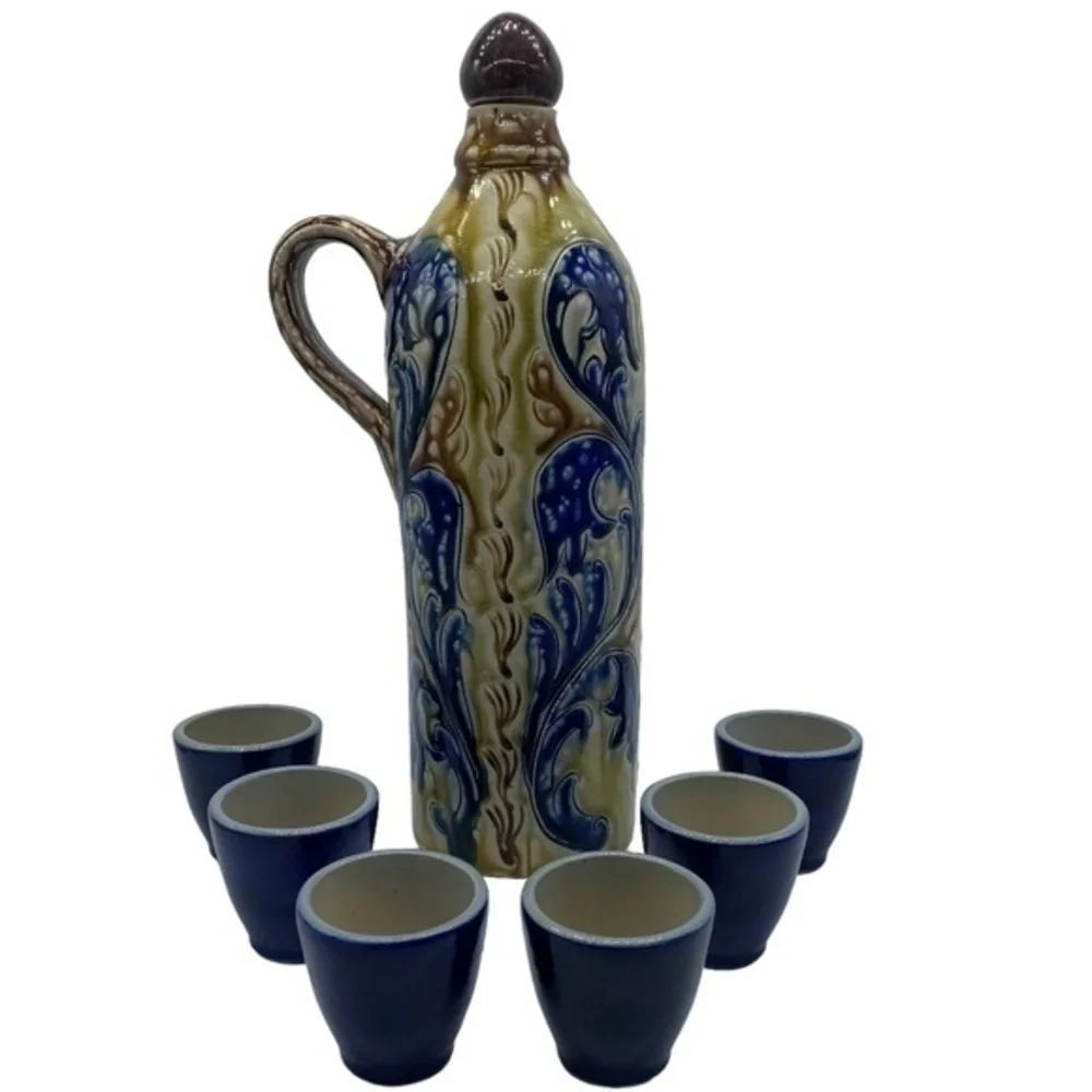 Vintage German Glazed Pottery Decanter and 6 Shot Glasses Art Deco